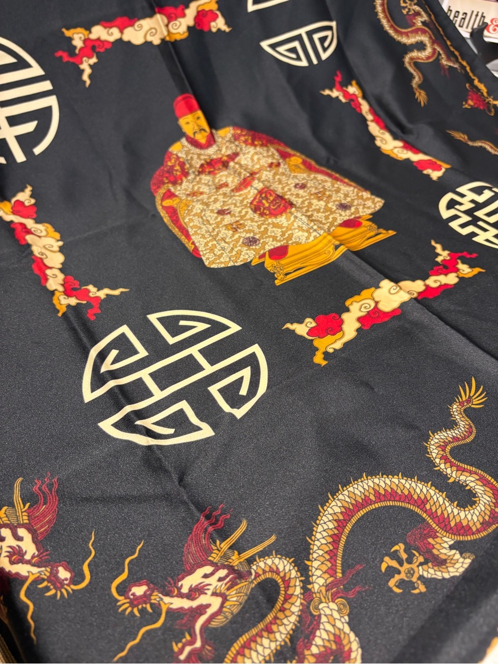 Elvi Black Scarf with Gold and Red Dragon Print